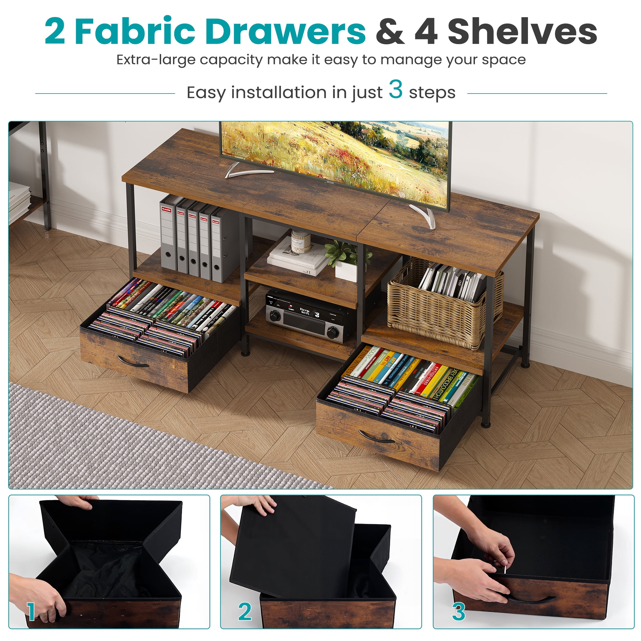 EDX 47-inch TV Stand with Power Outlets,  2 Fabric Drawers,  Entertainment Center Console Table with Adjustable Shevles, for Living Room & Bedroom, Rustic Brown