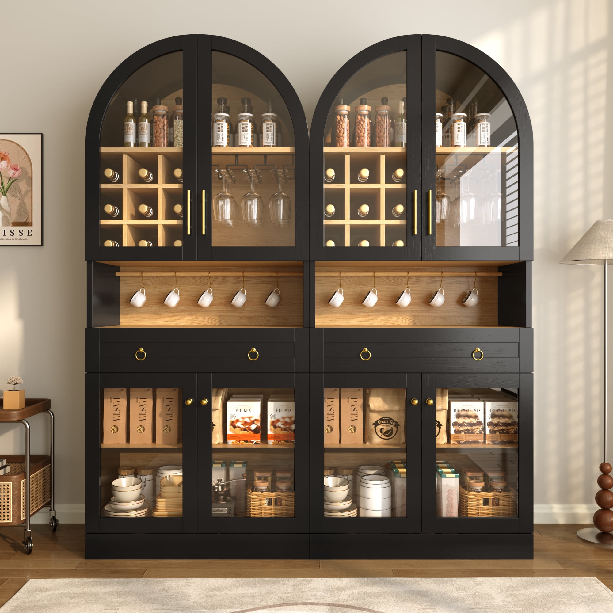 Mintazer 70" Tall Arched Bar Cabinet with Tempered Glass Doors, Freestanding Storage Buffet Sideboard with Removable Wine Rack & Cup Hooks for Dining Room Kitchen Living Room, Black