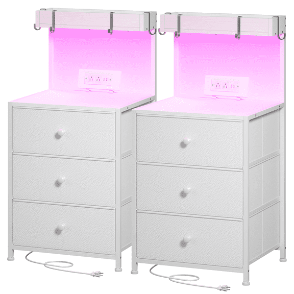 EnHomee Nightstand with Charging Station & LED Light, Set of 2, White