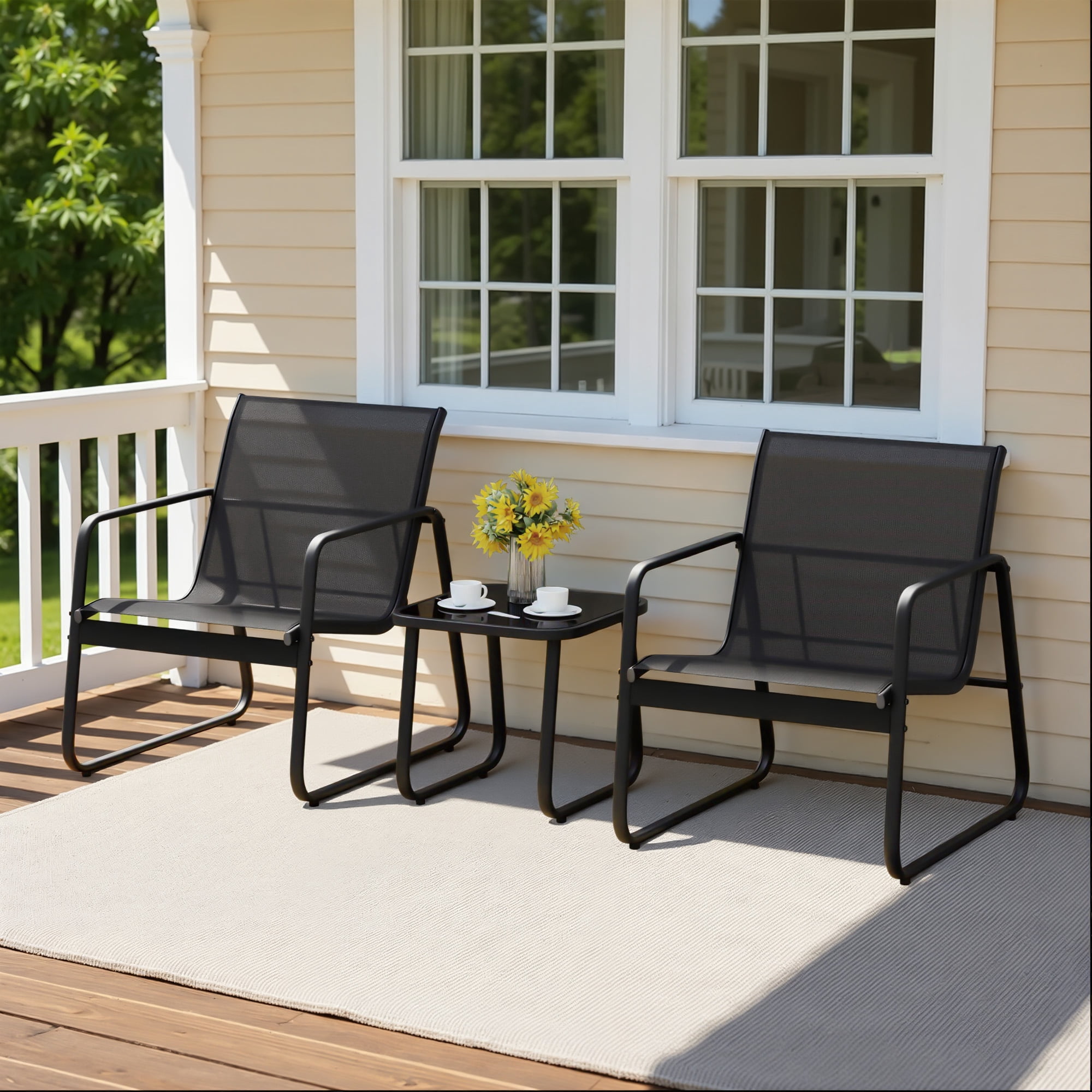 Lofka 3 Pieces Patio Chairs Set with Glass-Top Coffee Table, Outdoor Bistro and Patio Furniture Set for Porch|Backyard|Balcony, Black