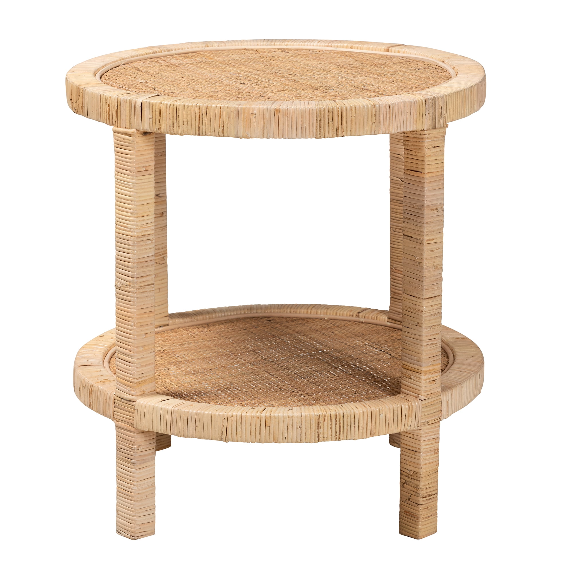 bali & pari Bella Rattan and Mahogany wood BOHO End Table, Natural Brown