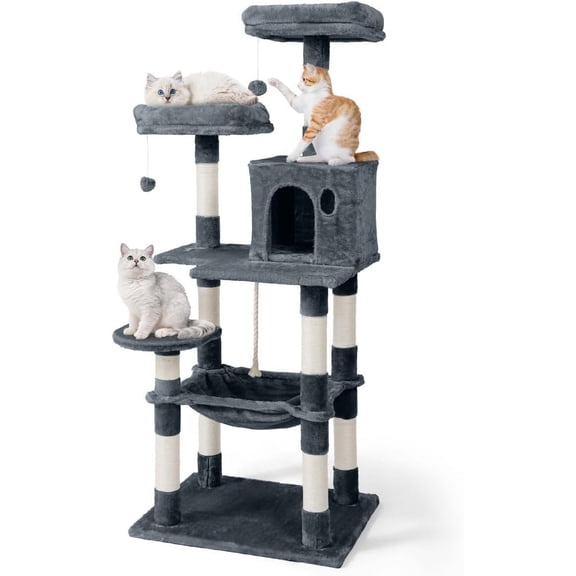 Tall Cat Tree for Indoor Large Cats or Kittens, Multi-Level Cat Activity Tree with Scratching Posts, Hammock, Cat Cave Condo, Modern Cute Small Cat Climbing Tower with Widened Perch