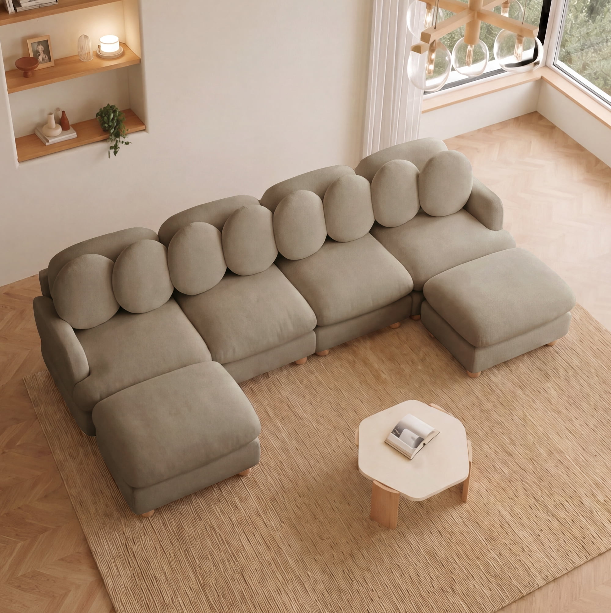 123" U-shaped 6 Seater Chenille Modular Sectional Sofa Couch with 8 Throw Pillows and 2 Ottoman