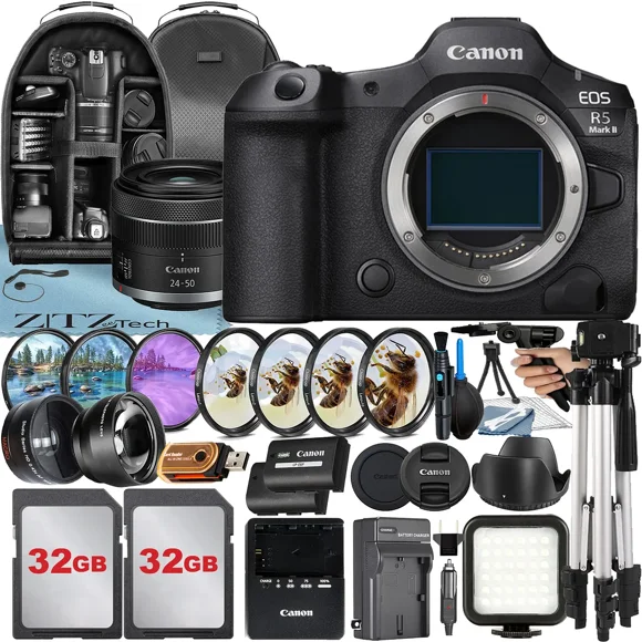 Canon EOS R5 Mark II Mirrorless Camera with RF 24-50mm Lens + Wideangle + 2 Pack 32GB Memory Card + Backpack + LED Flash + ZeeTech Accessory