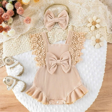 

Girls Jumpsuit Elastic Waist Summer Kids Romper with Headband Girls Solid Color Suspender Stripe Bow Tie And Mesh Patchwork Jumpsuit Beige 6-9 Months