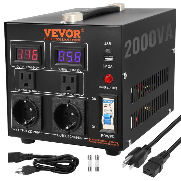 SKYSHALO Power Converter, 2000W, Durable Step Up/Down Unit, Switches between 110V and 220V, Includes US and EU Outlets plus 5V USB Port, CE Approved