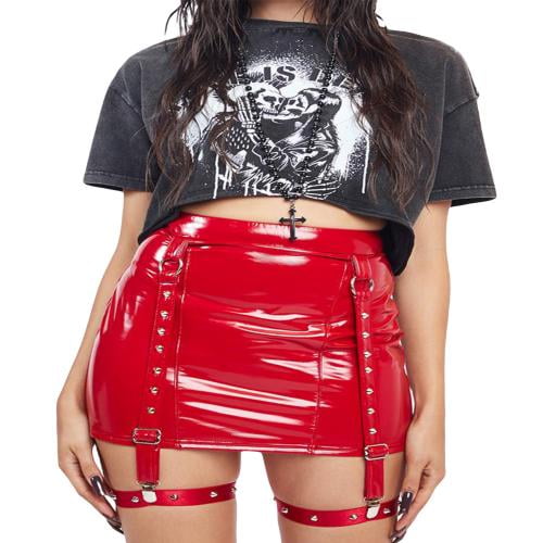 Womens Patent Leather Belts Skirt Pencil Skirt Bodycon With Punk High Waist Mini Garter Rock