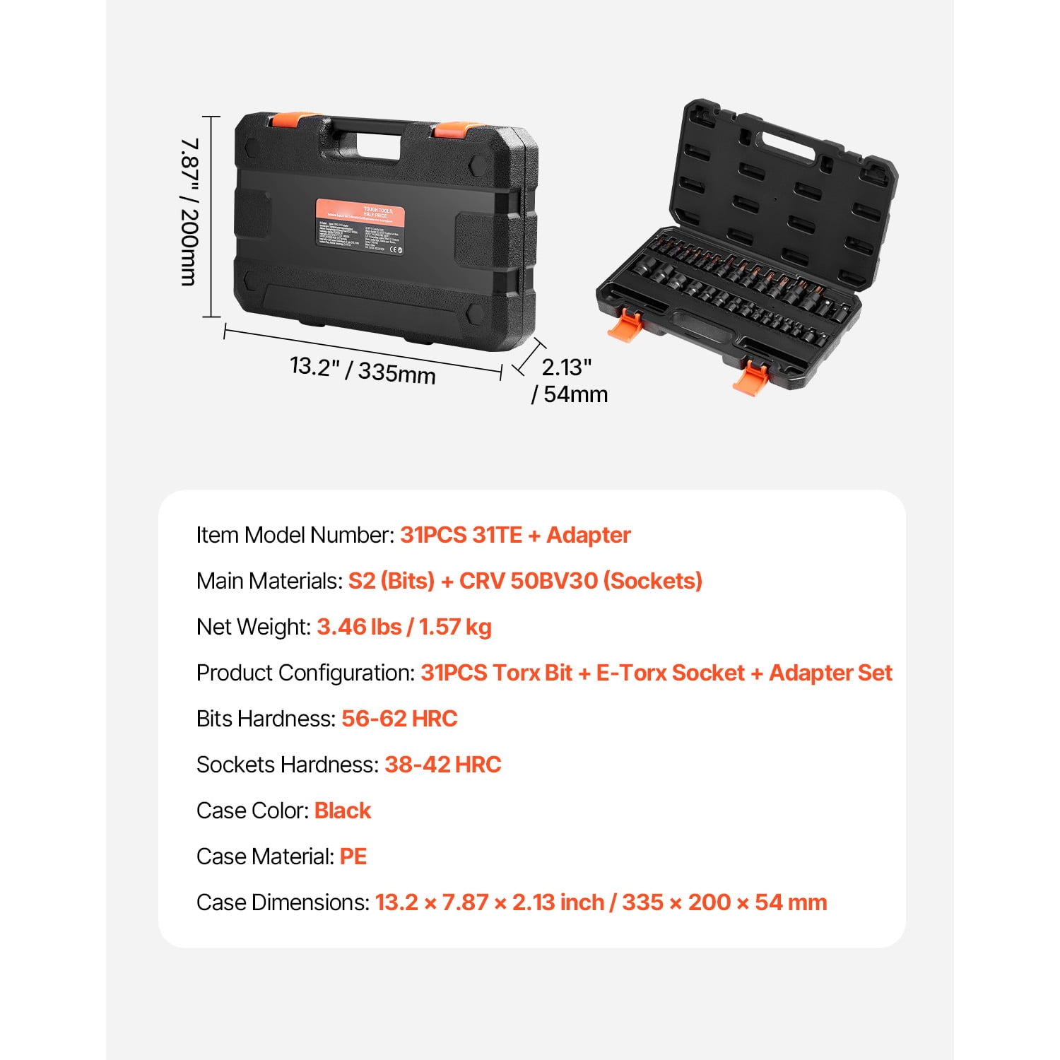 KFFKFF Socket Set with Torx Bit and External Torx, 31 Elements T8-T70 and E4-E24, S2 Alloy Steel and Cr-V Steel, Drives of 1/4 in, 3/8 in, and 1/2 in, Comes with Adapter and Upgraded Storage Case,