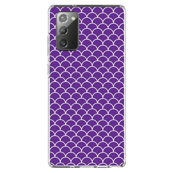 DistinctInk Clear Shockproof Hybrid Case for Samsung Galaxy Note 20 (6.7" Screen) - TPU Bumper, Acrylic Back, Tempered Glass Screen Protector - Purple White Scalloped Pattern