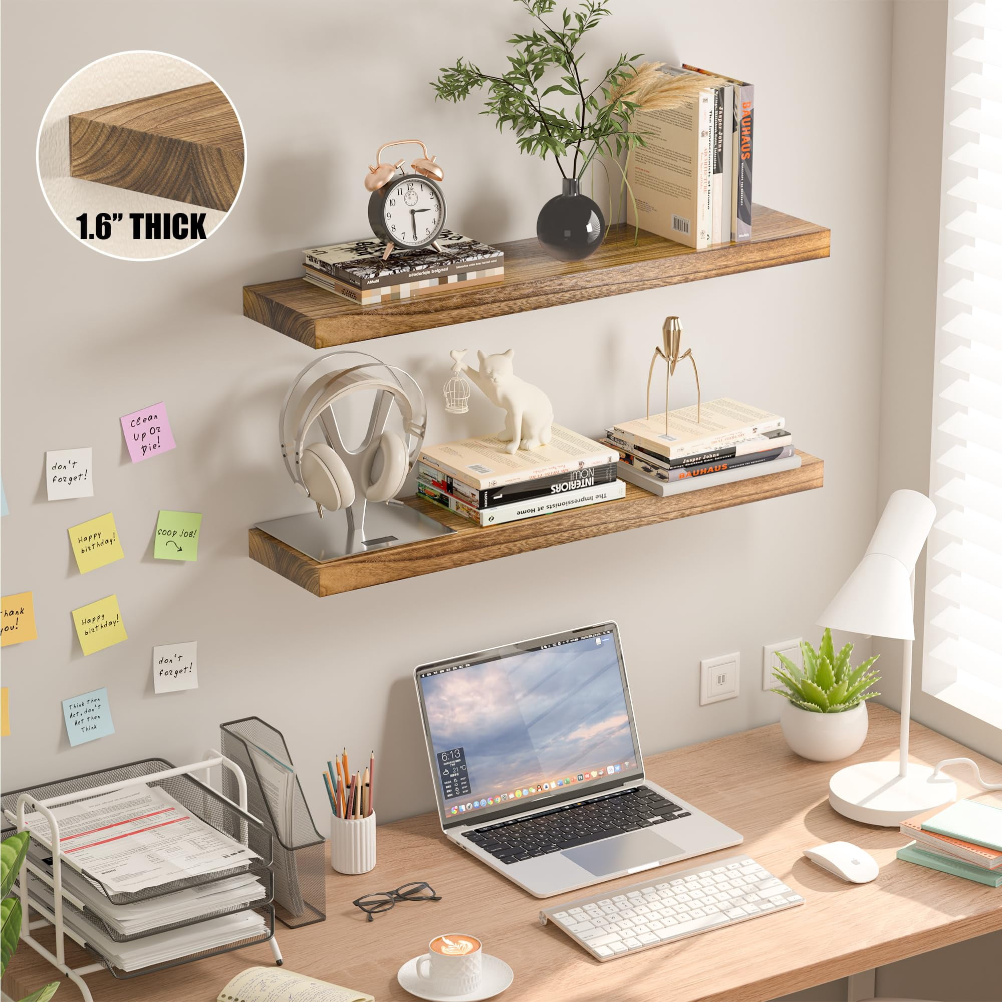 Floating Shelves for Wall Set of 2-Rustic Brown Solid Wood Wall Mounted Shelves,36" Long x 7" Deep x 1.6" Thick,Heavy Duty Shelving for Bedroom, Living Room, Kitchen, Bathroom (16inch)