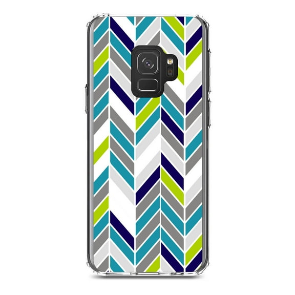 DistinctInk Clear Shockproof Hybrid Case for Samsung Galaxy S9 (5.8" Screen) - TPU Bumper, Acrylic Back, Tempered Glass Screen Protector - Teal Navy Grey Herringbone
