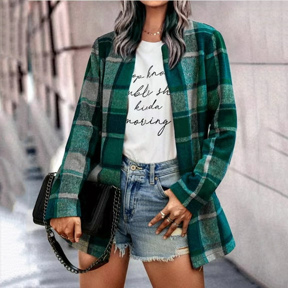 Fall Clothes for Women 2024 Long Sleeve Plaid Shirt Jacket Soft Relaxed Fit Shacket Fall Outfits Green 3XL