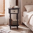 thumbnail image 6 of FOROUTIA Farmhouse Round End Table with 1 Drawer, Carved Wood Nightstand with Shelf, Vintage Accent Side Table for Bedroom Living Room, Black, 6 of 7