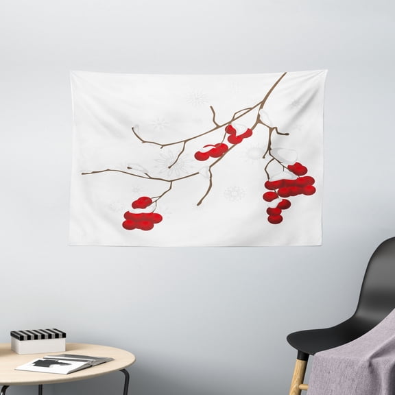 Rowan Tapestry, Artistic Branch of Rowan Plant Covered with Snow Winter Season Christmas Tree, Wall Hanging for Bedroom Living Room Dorm Decor, 60W X 40L Inches, Red White Umber, by Ambesonne