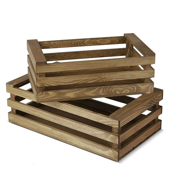 Decorative Storage Wooden Crates - Rustic Style Finish Vintage Wood Storage Crate Decorative Home Decor Display Tray Open Top Carrier Nesting Boxes with Handles - (Set of 2) (Rustic Style)