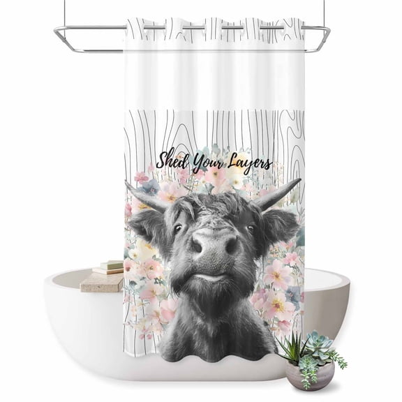 No Hook Shower Curtain, Black Cow Floral Shower Curtains for Bathroom with See Through Top Window, Grey Wooden Farmhouse Animals Waterproof & Washable Bath Curtain Stand Up Stall 36"x72"