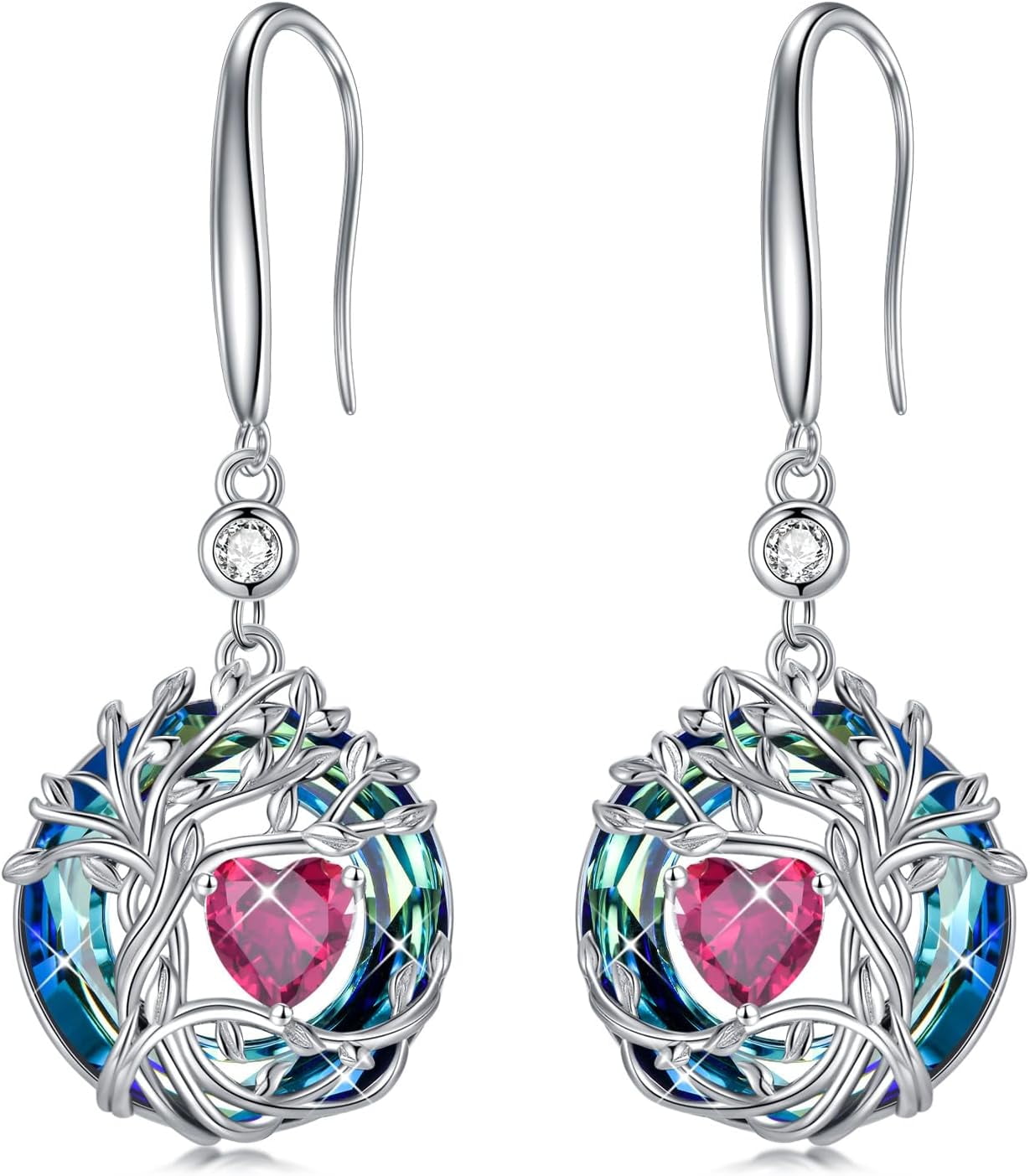 JKR Tree of Life Birthstone Earrings for Women 925 Sterling Silver Family Tree Dangle Earrings Austrian Crystal Jewelry Birthday Gifts for Her Girlfriend Wife Mom