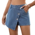 thumbnail image 2 of Women Casual High Waisted Solid Button Up Asymmetrical Denim Jean Skort Skirt Mini Shorts Light Blue S, 2 of 9