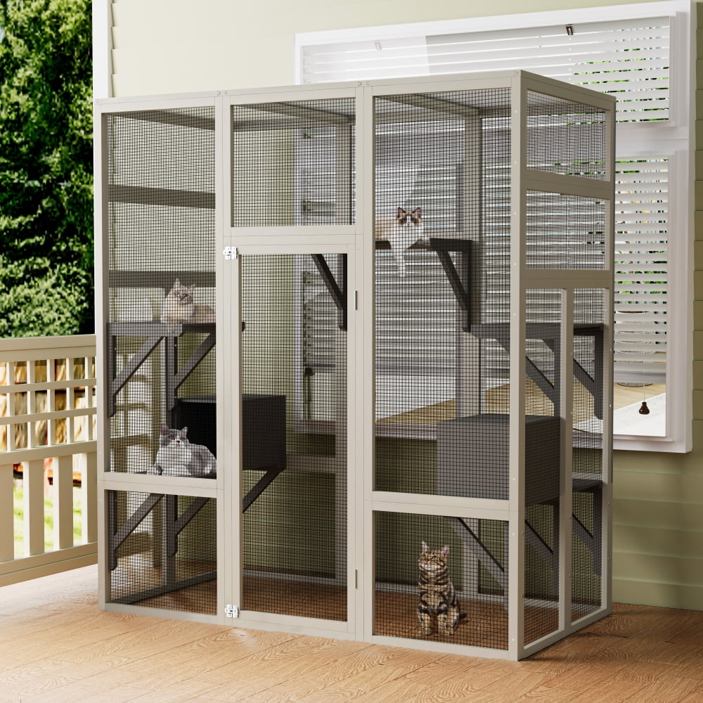 62.6" Outdoor Wooden Cat House Large Catio, Solid Wood Cat Cage Shelter Enclosure Playpen with Anti-UV& Waterproof, 5 Platforms and 2 Resting Boxes