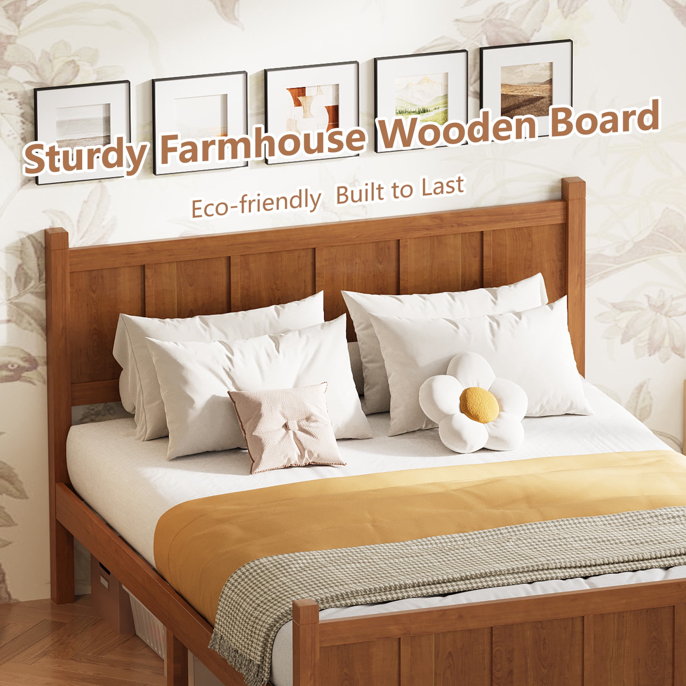 Noble House Full Platform Bed with Headboard and Footboard, Wood Frame, Light Walnut