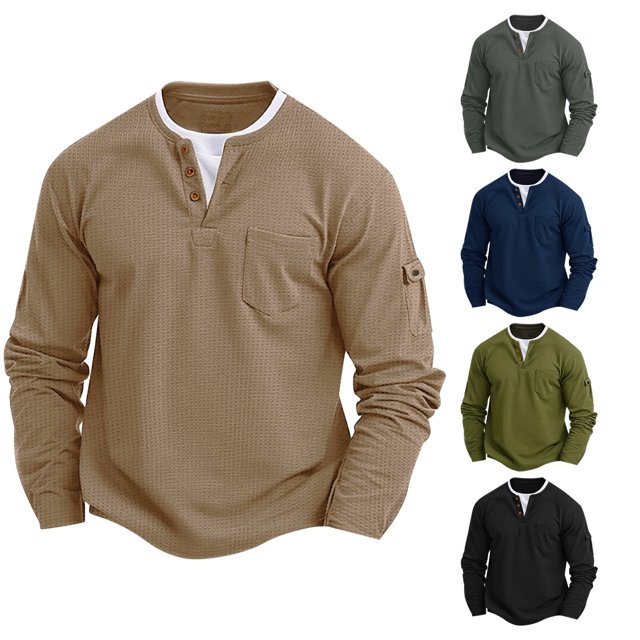 WRKEKC Men's Long Sleeve Shirts, Mens Long Sleeve Tee Shirts, Men's Solid Color Fashion Casual False Bilayer Button V-neck Pockets Base Shirt Long Sleeve