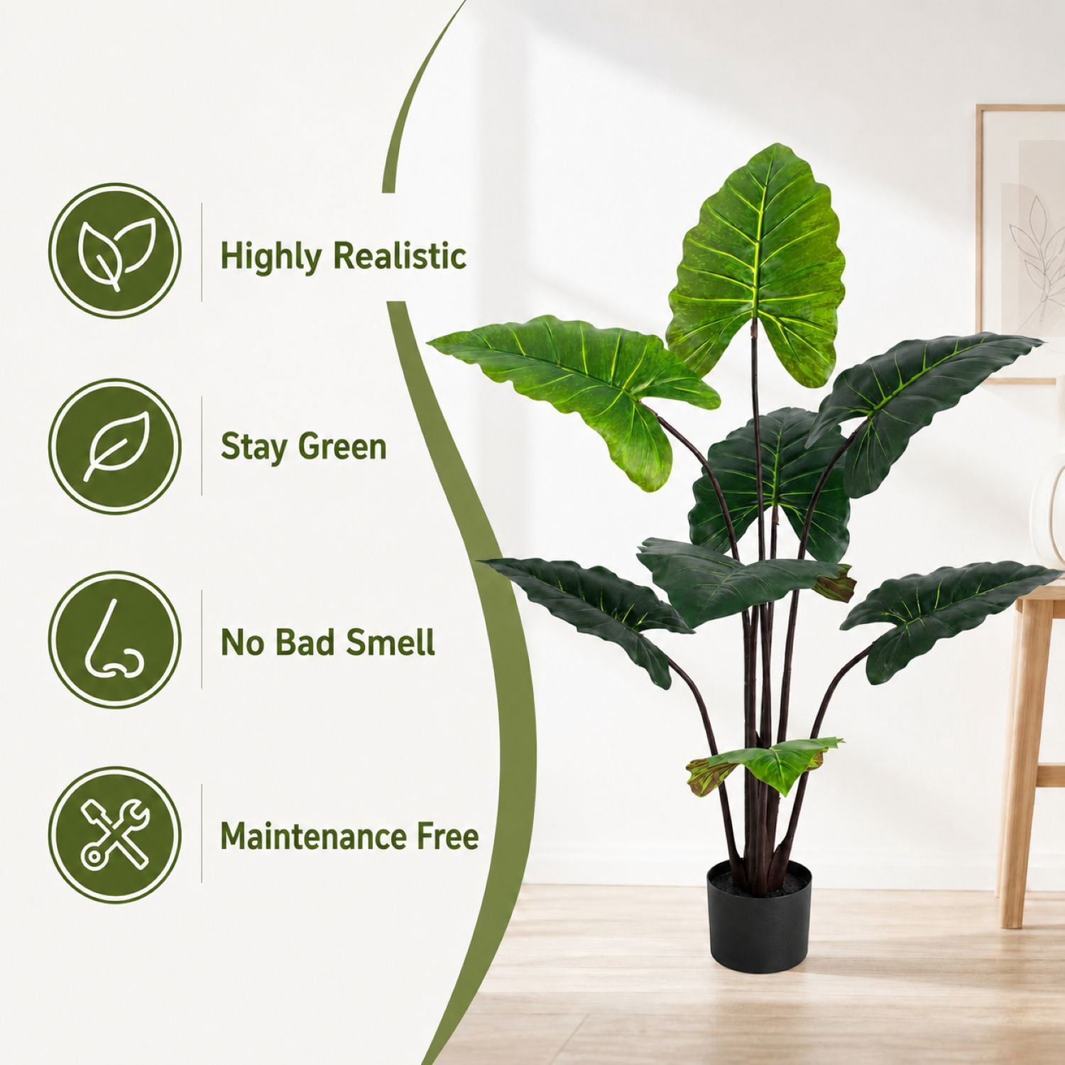 Easy4Home 4.3FT Artificial Plant Fake Caladium Plant Potted Indoor Faux Floor Plant for Home Office Decor, Green