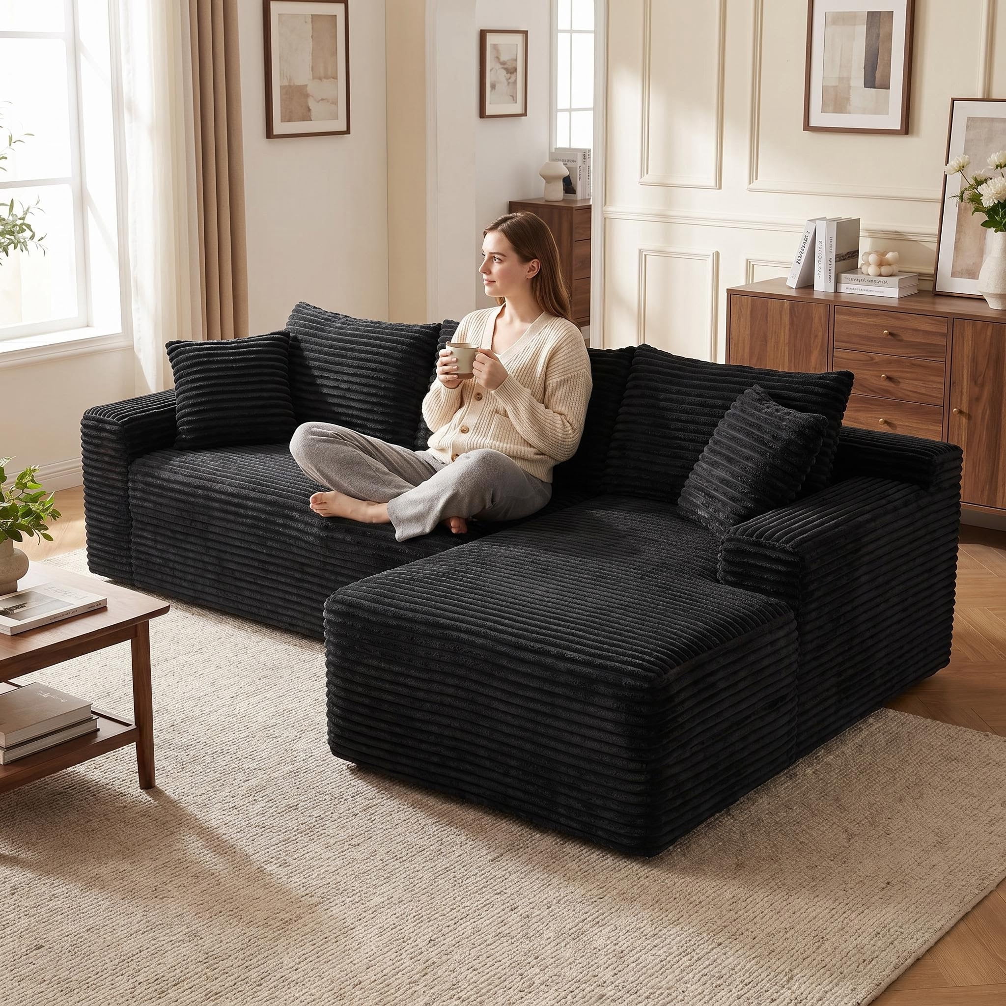 avobird 94.5" Cloud Modular Sectional Sofa Couch with Left Side L-Shape Chaise,Modern Corduroy Upholstered Couches for Living Room Bedroom,Deep Seat Corner Couch, Black
