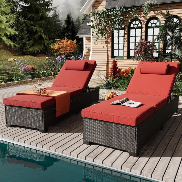 2 Pcs Chaises Longues d'Extérieur en Osier PE, Chaises Longues de Piscine avec Dossier Réglable et Fauteuils Inclinables, Ensemble de Chaises Longues de Patio en Rotin