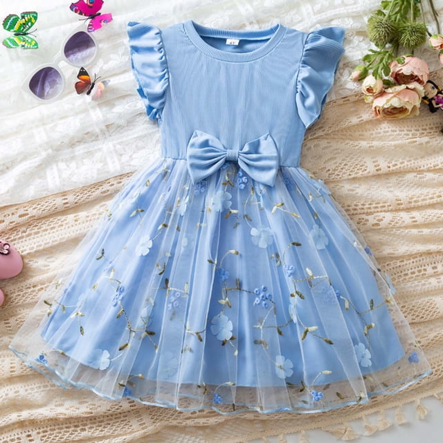 FYDUU Robe Tutu pour Filles Tout-Petits Robes d'Été Robe de Fête Brodée Florale avec Nœud Manches à Volants Mignonne Princesse Décontractée Robe d'Été 5-6 Ans