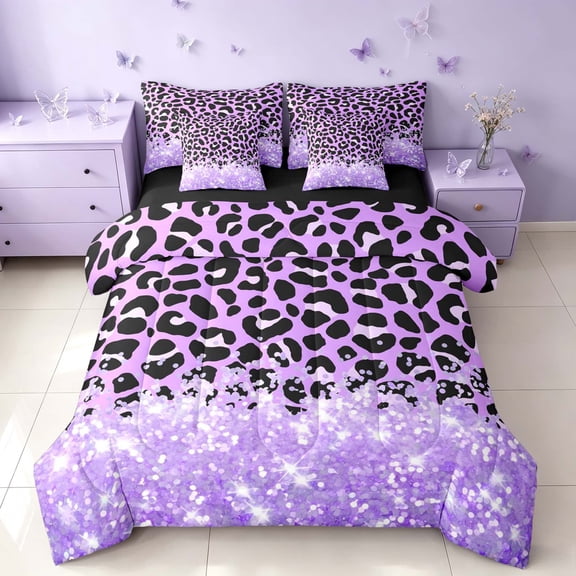 Homewish Purple Cheetah Print Twin Bedding for Girls, Princess Glitters Printed Bedding Comforter Set, Black Reversible, 7 Pieces