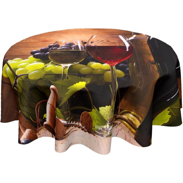 Nappe de Vin Ronde Rouge et Blanche Verre de Vin Raisins Nappes en Bois Cercle Housse de Table Style Ferme Imperméable Essuyable pour Dessus de Table pour Cuisine Salle à Manger Café Déco de Fête 60 Pouces