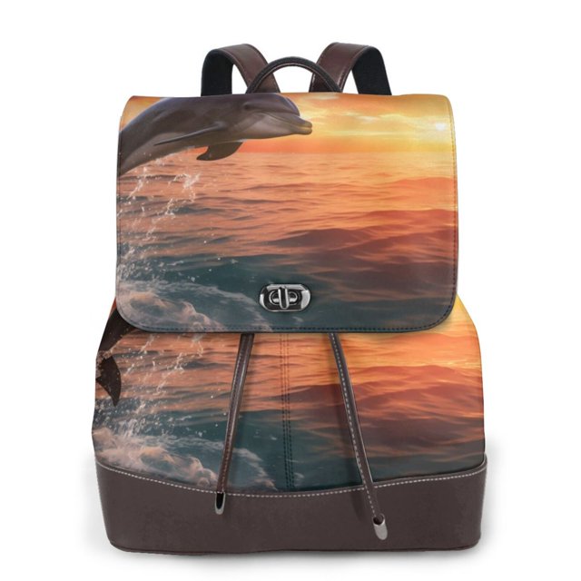 Balery Sunset Dancing Dolphin B Mochila de Cuero para Mujeres, Gran Capacidad, Bolsa de Viaje Multifuncional, Mochila de Cuero y Bolsa de Hombro para Mujeres