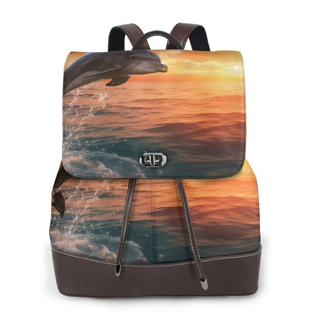 Disketp Sunset Dancing Dolphin B Mochila de Cuero para Mujer, Bolso de Espalda Antirrobo con Estilo para Viaje, Trabajo y Uso Diario