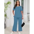 thumbnail image 2 of SHOWMALL Women's Plus Size 2 Piece Outfits Casual Matching Sets Short Sleeve Pleated Top and Wide Leg Pants Lounge Set with Pockets, XL-5XL, 2 of 9