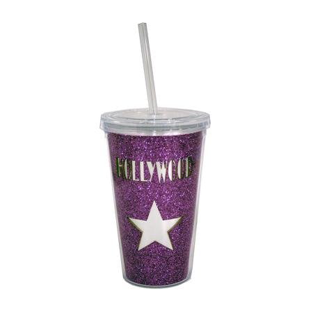 20oz Hollywood Star Light Pink Glitter Travel Cup with Straw