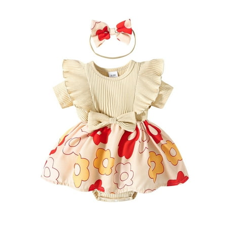 

Wilcliar Infant Baby Girls Romper Dress Floral Ribbed Short Sleeve Romper Dress with Cute Headband