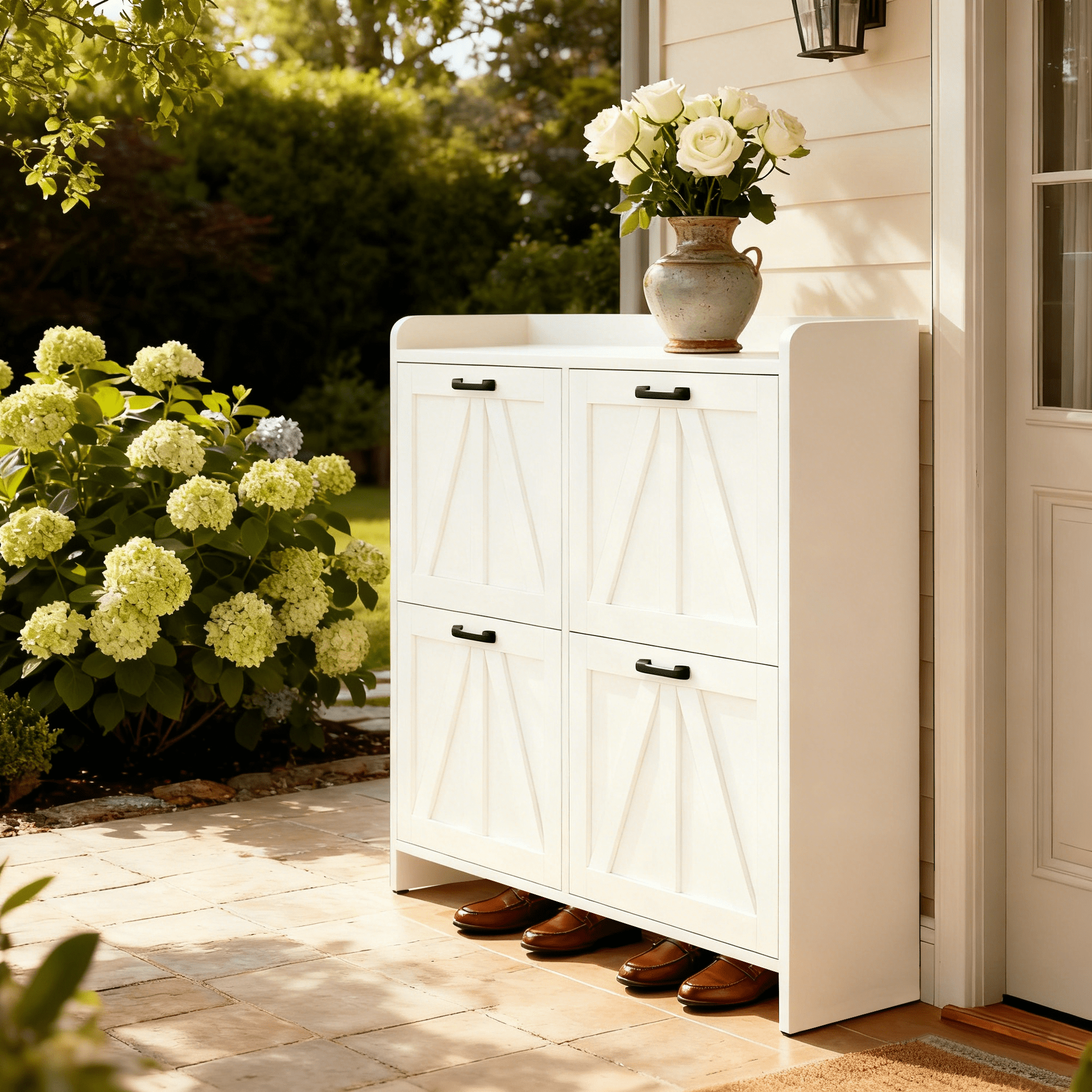 Modern Barn Door Shoe Cabinet with 4 Flip Drawers, Slim Space-Saving Entryway Storage Organizer with Top Open Shelf & 4.3" Bottom Gap for Hallway Living Room