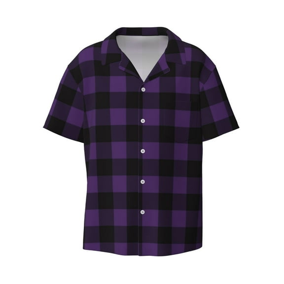 Ratiio Purple Black Plaid Print Mens Casual Short Sleeve Shirts Button Down Textured Shirts Summer Beach Shirt with Pocket Men's Casual Short-sleeved Shirt