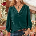 thumbnail image 2 of Women Velvet T Shirts Casual 3/4 Sleeve Solid Shirt Cowl Neck Drape Ruched Front Long Sleeve Blouses Tops, 2 of 2
