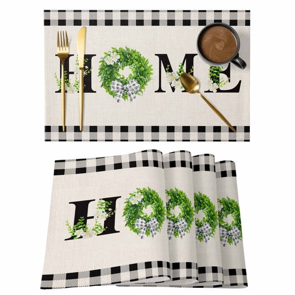 Rustic Home Placemats Set of 4, Eucalyptus Leaves Floral Beige Buffalo Plaid Placemats for Dining Table, Place Mats for Kitchen Tabletop, Waterproof Wipeable Dining Table Mats Set