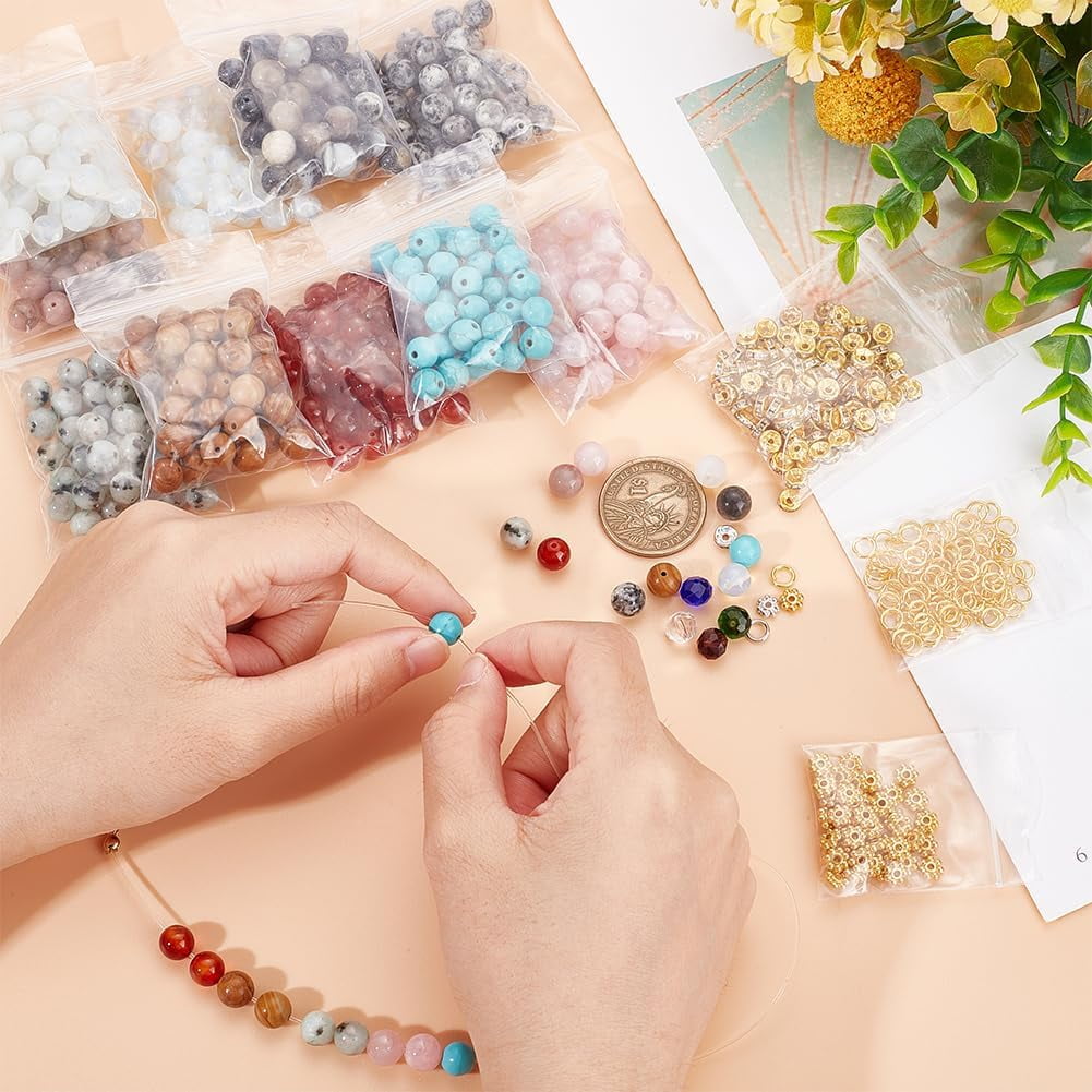 1Box DIY Bracelet Ring Making Kit Including Natural & Synthetic Mixed Gemstone Round & Glass Bicone & Alloy Flower & Rhinestone Space Beads Copper Craft Wire Elastic Thread 8mm Hole: 0.8~1.2mm