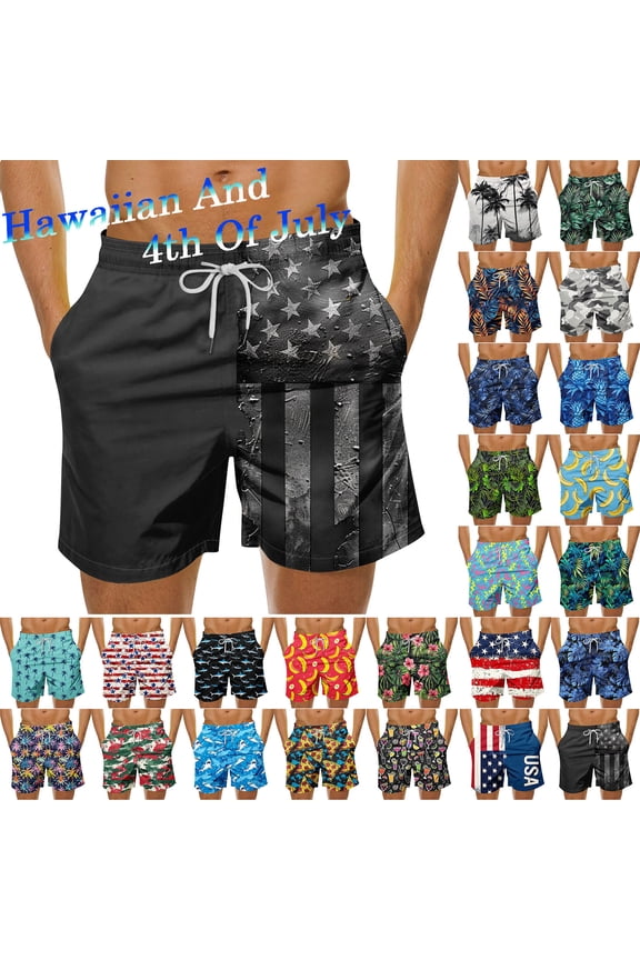 Men's Swim Trunks Hawaiian Bathing Suit Summer Beach Board Shorts Quickly Dry Elastic Waist Drawstring 7 inch Swimwear with Pockets