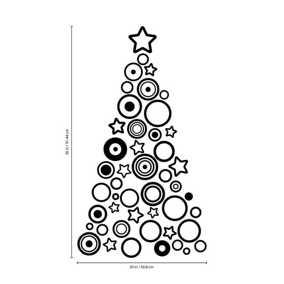 Vinyl Wall Art Decal - Circles and Stars Christmas Tree - 36" x 20" - Seasonal Holiday Decor Sticker - Indoor Outdoor Home Office Wall Door Window Bedroom Workplace Decals (36" x 20"; Black)