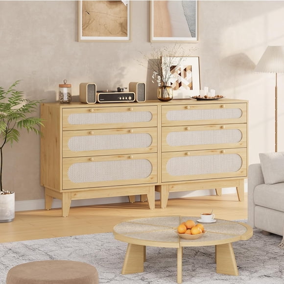 Modern Rattan 3 Drawer Dresser, Sturdy Wooden Chest, Spacious Bedroom Storage Organizer for Hallway, Closet, Bedroom or Living Room - Wood Oak, 2Pcs