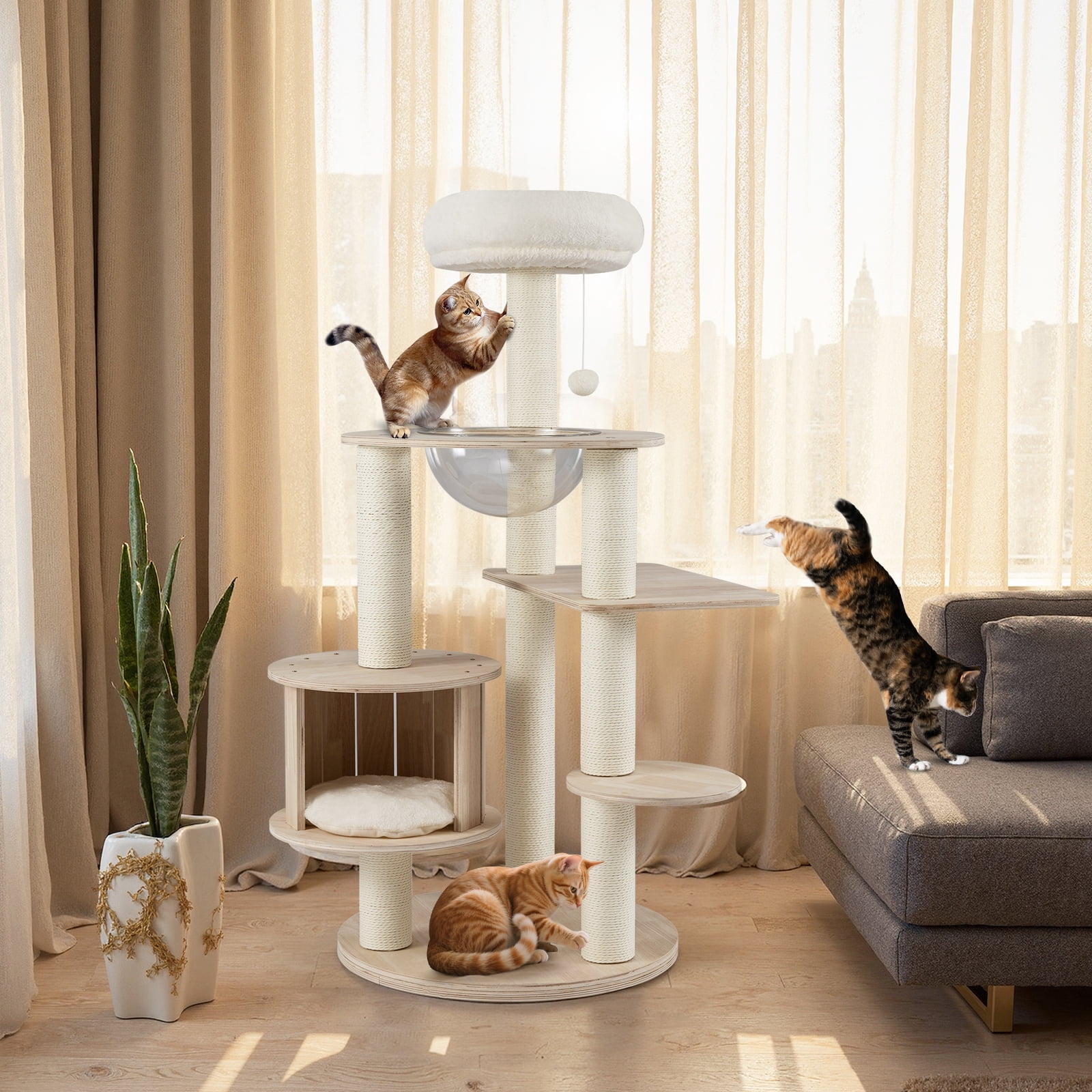 Gymax 52'' Tall Wooden Cat Tree w/Condo Perch Space Capsule Scratching Posts