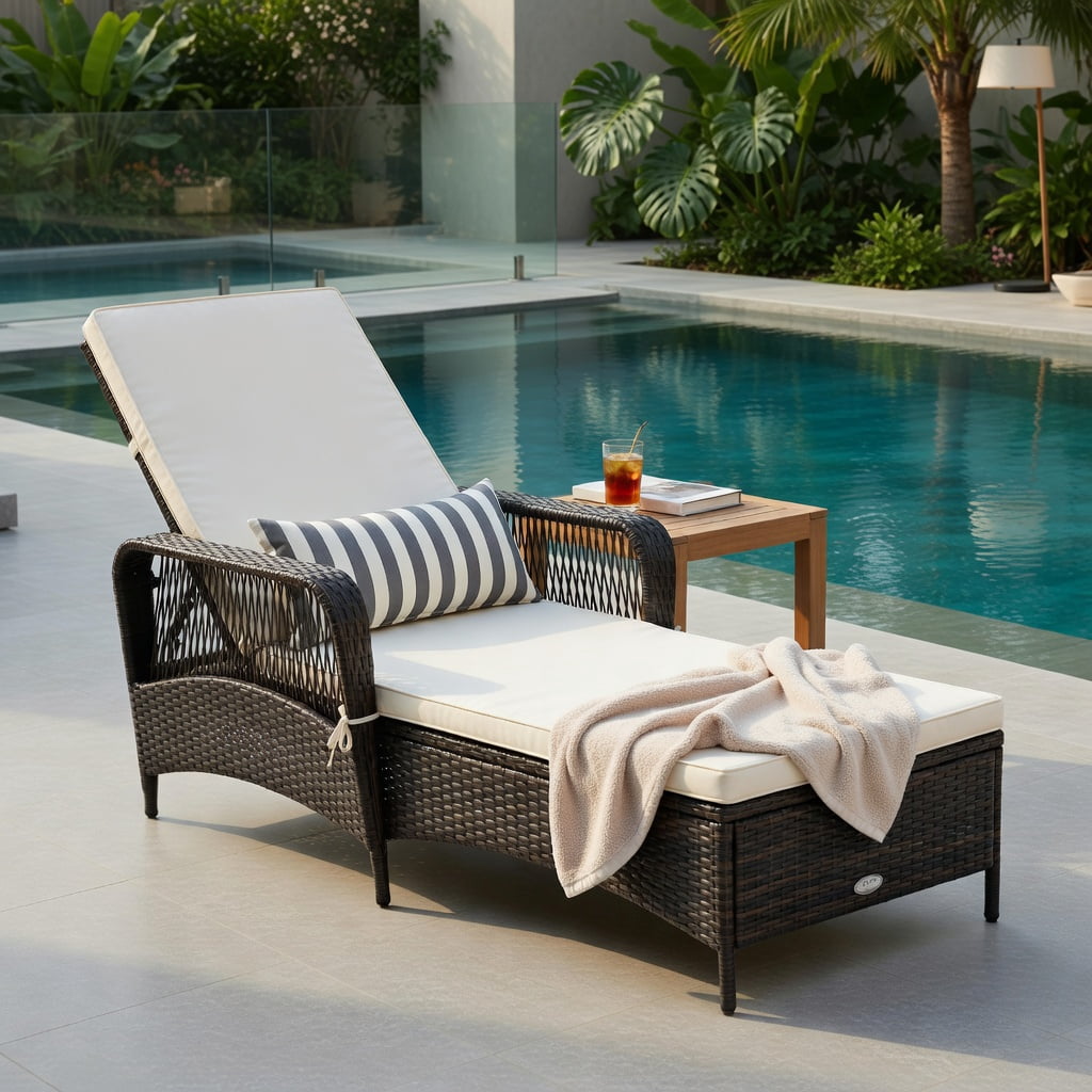 Hommoo Adjustable PE Rattan Chaise Lounge Chair with Cushion & Lumbar Pillow, Outdoor Patio Recliner for Poolside, Balcony, Lawn, Off White