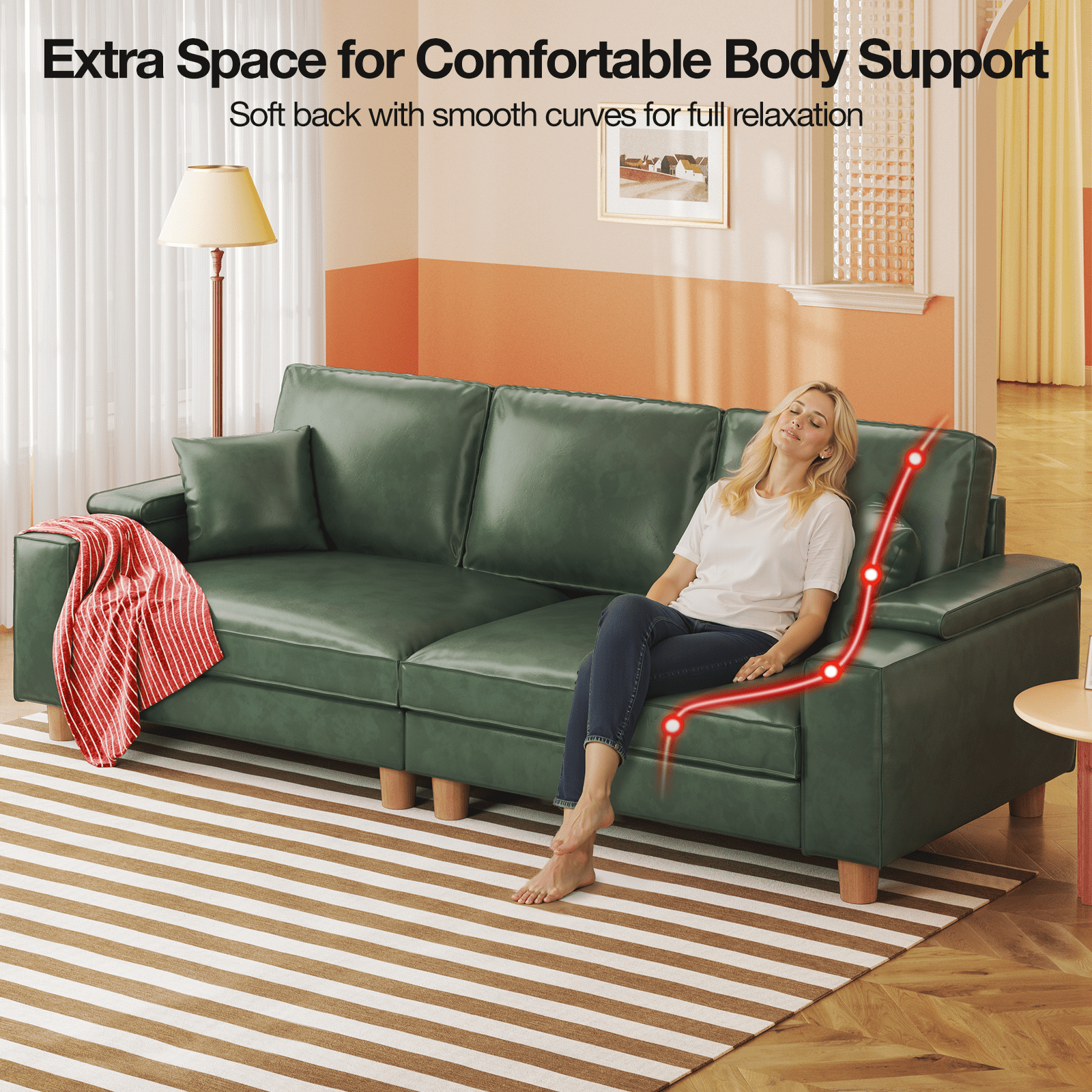 101" Large PU Leather Sofa Couch, Spring Cushion Modern Couch with 24" Extra Deep Seat, Wide Storage Armchair, Comfy Upholstered Oversized Loveseat (Includes 2 Pillows) for Living Room, Office, Green