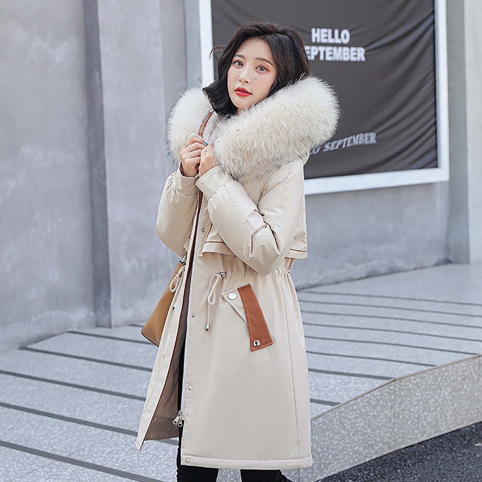 Hjcommed Women s Winter Fashion Tooling Long Slim Hooded Cotton Jacket Coat Beige M Walmart