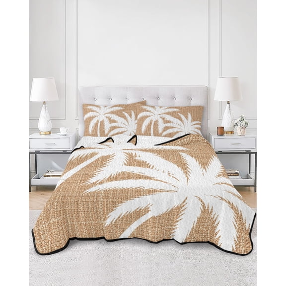 Quilts Queen Size, Brown Tropical Tree Soft Comforter Bedding Set for Bed, Summer Coastal Palm Trees Lightweight Quilted Bedspread with Pillow Cover(2 Pieces) for All Season, 90x96 Inch