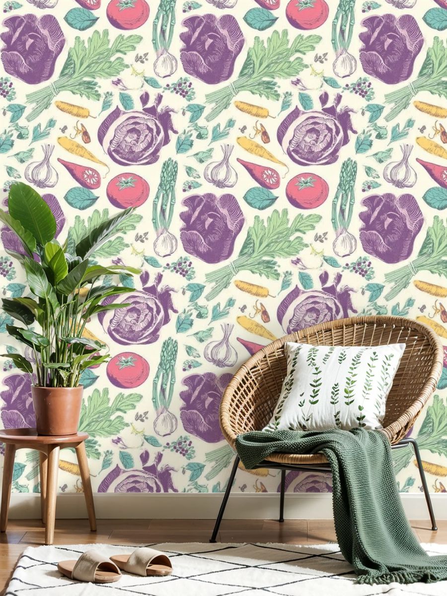 Modern Peel and Stick Wallpaper 23.6in x 9.8ft Botanical Colorful Vegetables Fresh Herbs Contact Paper Self-Adhesive Removable Wall Paper for Bedroom Kitchen Cabinet Renter Friendly